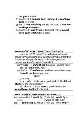 not go for a walk.
 (f) เงื่อนไข : if it had not been raining. I would have
     gone for a walk.
 (g)จริง : I was not living in Chile last year. I was not
     working at a bank.
 (h)เงื่อนไข : if I had living in Chile last year. I would
     have been working at a bank.




10 -6 การใช้ “MIXED TIME” ในประโยคเงื่อนไข
       เวลำในส่วน “If clause” ในเวลำในส่วนของ “result
clause” มักจะแตกต่ำงกัน ส่วน clause แรกอำจเป็น present อีก
ส่วนหนึงอำจเป็น past ให้สังเกตว่ำรูปกำลแบบ past และ
        ่
present จะผสมปนกันในรูปประโยคต่อไปนี้
   (a)ควำมจริง : I did not eat breakfast several hours
      ago, so I am hungry now.
   (b)เงื่อนไข : if had eaten breakfast several hours ago,
      I would not be hungry now.
                      (past)
      (present)
      (c) ควำมจริง : He is not a good student. He did not
study for the test yesterday.
      (d ) เงื่อนไข : if the were a good student. he
would have studied for the test.

 10-7 การใช้ COULD, MIGHT และ SHOULD
(a)If were a bird. I could fly ในข้อ (a) : could fly =
   home.                       would be able to fly
(b)If I could sing as well as ในข้อ (b) : could sing =
 
