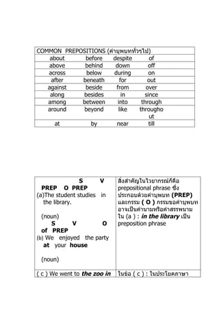 COMMON PREPOSITIONS (คำำบุพบททั่วๆไป)
    about    before    despite        of
    above    behind     down         off
   across    below     during         on
     after  beneath       for        out
   against   beside     from        over
    along   besides        in       since
   among    between      into     through
   around   beyond       like    througho
                                      ut
      at       by       near          till




                S      V      สิ่งสำำคัญในไวยำกรณ์ก็คือ
  PREP O PREP                 prepositional phrase ซึ่ง
(a)The student studies in     ประกอบด้วยคำำบุพบท (PREP)
   the library.               และกรรม ( O ) กรรมขอคำำบุพบท
                              อำจเป็นคำำนำมหรือคำำสรรพนำม
  (noun)                      ใน (a ) : in the library เป็น
     S      V        O        preposition phrase
  of PREP
(b) We enjoyed the party
   at your house

 (noun)

( c ) We went to the zoo in   ในข้อ ( c ) : ในประโยคภำษำ
 