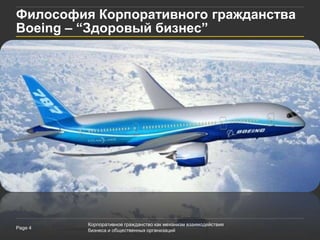 Философия Корпоративного гражданства
Boeing – “Здоровый бизнес”




         Корпоративное гражданство как механизм взаимодействия
Page 4
         бизнеса и общественных организаций
 