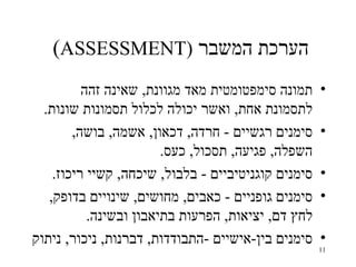 ‫הערכת המשבר )‪(ASSESSMENT‬‬
          ‫תמונה סימפטומטית מאד מגוונת, שאינה זהה‬     ‫•‬
  ‫לתסמונת אחת, ואשר יכולה לכלול תסמונות שונות.‬
        ‫סימנים רגשיים - חרדה, דכאון, אשמה, בושה,‬     ‫•‬
                        ‫השפלה, פגיעה, תסכול, כעס.‬
    ‫סימנים קוגניטיביים - בלבול, שיכחה, קשיי ריכוז.‬   ‫•‬
   ‫סימנים גופניים - כאבים, מחושים, שינויים בדופק,‬    ‫•‬
           ‫לחץ דם, יציאות, הפרעות בתיאבון ובשינה.‬
‫סימנים בין-אישיים -התבודדות, דברנות, ניכור, ניתוק‬    ‫•‬
                                                     ‫11‬
 