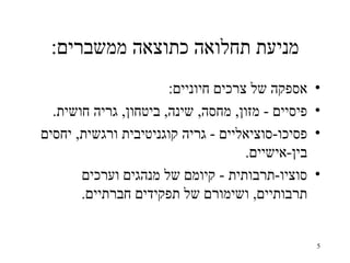 ‫מניעת תחלואה כתוצאה ממשברים:‬
                       ‫אספקה של צרכים חיוניים:‬     ‫•‬
  ‫פיסיים - מזון, מחסה, שינה, ביטחון, גריה חושית.‬   ‫•‬
‫פסיכו-סוציאליים - גריה קוגניטיבית ורגשית, יחסים‬    ‫•‬
                                     ‫בין-אישיים.‬
       ‫סוציו-תרבותית - קיומם של מנהגים וערכים‬      ‫•‬
       ‫תרבותיים, ושימורם של תפקידים חברתיים.‬


                                                   ‫5‬
 