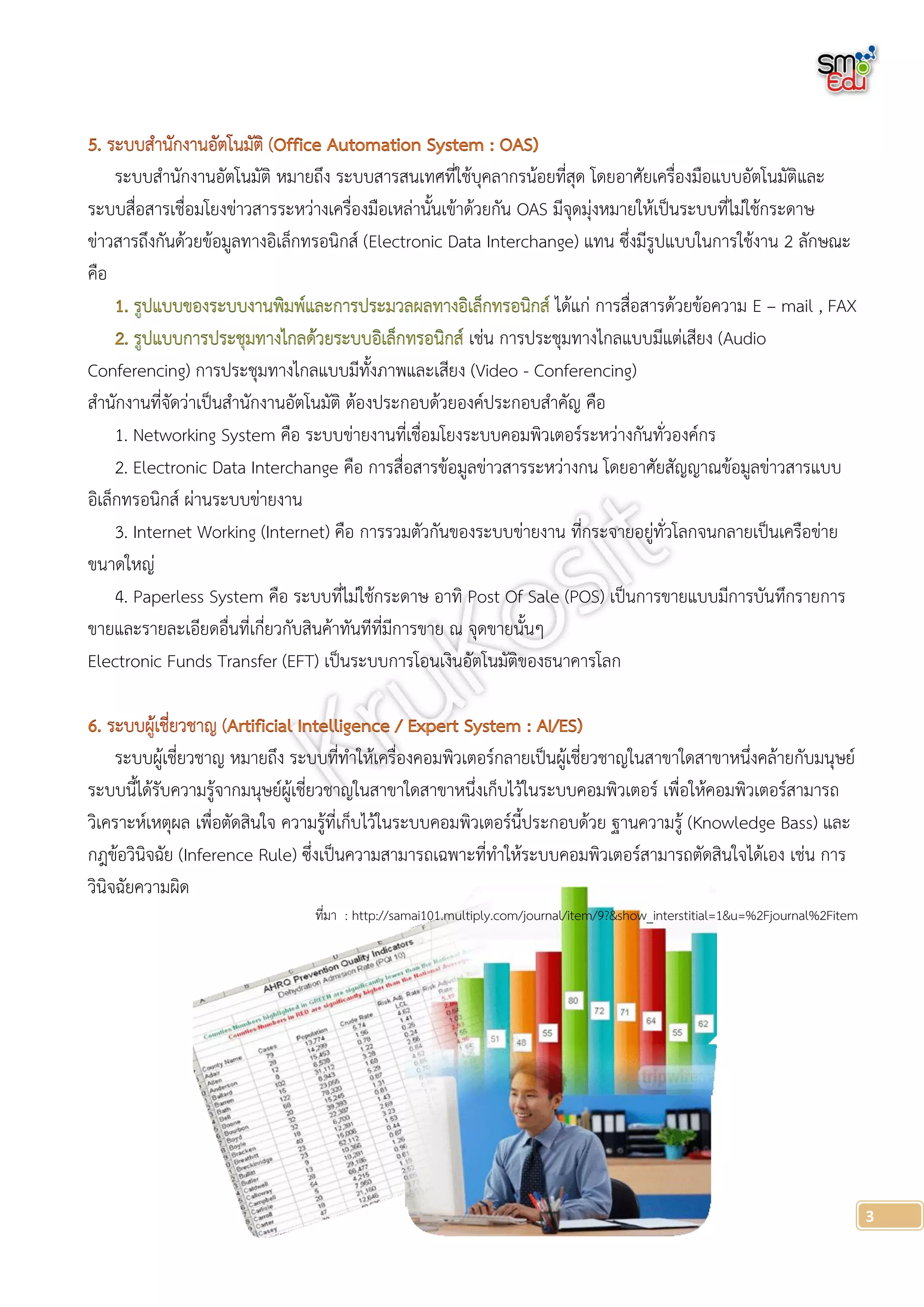 ระบบสานักงานอัตโนมัติ หมายถึง ระบบสารสนเทศที่ใช้บุคลากรน้อยที่สุด โดยอาศัยเครื่องมือแบบอัตโนมัติและ
ระบบสื่อสารเชื่อมโยงข่าวสารระหว่างเครื่องมือเหล่านั้นเข้าด้วยกัน OAS มีจุดมุ่งหมายให้เป็นระบบที่ไม่ใช้กระดาษ
ข่าวสารถึงกันด้วยข้อมูลทางอิเล็กทรอนิกส์ (Electronic Data Interchange) แทน ซึ่งมีรูปแบบในการใช้งาน 2 ลักษณะ
คือ
                                                                     ได้แก่ การสื่อสารด้วยข้อความ E – mail , FAX
                                                          เช่น การประชุมทางไกลแบบมีแต่เสียง (Audio
Conferencing) การประชุมทางไกลแบบมีทั้งภาพและเสียง (Video - Conferencing)
สานักงานที่จัดว่าเป็นสานักงานอัตโนมัติ ต้องประกอบด้วยองค์ประกอบสาคัญ คือ
     1. Networking System คือ ระบบข่ายงานที่เชื่อมโยงระบบคอมพิวเตอร์ระหว่างกันทั่วองค์กร
     2. Electronic Data Interchange คือ การสื่อสารข้อมูลข่าวสารระหว่างกน โดยอาศัยสัญญาณข้อมูลข่าวสารแบบ
อิเล็กทรอนิกส์ ผ่านระบบข่ายงาน
     3. Internet Working (Internet) คือ การรวมตัวกันของระบบข่ายงาน ที่กระจายอยู่ทั่วโลกจนกลายเป็นเครือข่าย
ขนาดใหญ่
     4. Paperless System คือ ระบบที่ไม่ใช้กระดาษ อาทิ Post Of Sale (POS) เป็นการขายแบบมีการบันทึกรายการ
ขายและรายละเอียดอื่นที่เกี่ยวกับสินค้าทันทีที่มีการขาย ณ จุดขายนั้นๆ
Electronic Funds Transfer (EFT) เป็นระบบการโอนเงินอัตโนมัติของธนาคารโลก


     ระบบผู้เชี่ยวชาญ หมายถึง ระบบที่ทาให้เครื่องคอมพิวเตอร์กลายเป็นผู้เชี่ยวชาญในสาขาใดสาขาหนึ่งคล้ายกับมนุษย์
ระบบนี้ได้รับความรู้จากมนุษย์ผู้เชี่ยวชาญในสาขาใดสาขาหนึ่งเก็บไว้ในระบบคอมพิวเตอร์ เพื่อให้คอมพิวเตอร์สามารถ
วิเคราะห์เหตุผล เพื่อตัดสินใจ ความรู้ที่เก็บไว้ในระบบคอมพิวเตอร์นี้ประกอบด้วย ฐานความรู้ (Knowledge Bass) และ
กฎข้อวินิจฉัย (Inference Rule) ซึ่งเป็นความสามารถเฉพาะที่ทาให้ระบบคอมพิวเตอร์สามารถตัดสินใจได้เอง เช่น การ
วินิจฉัยความผิด
                                 ที่มา : http://samai101.multiply.com/journal/item/9?&show_interstitial=1&u=%2Fjournal%2Fitem




                                                                                                                                3
 