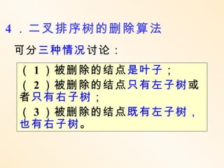 4 ．二叉排序树的删除算法
可分三种情况讨论：
 （ 1 ）被删除的结点是叶子；
 （ 2 ）被删除的结点只有左子树或
 者只有右子树；
 （ 3 ）被删除的结点既有左子树，
 也有右子树。
 