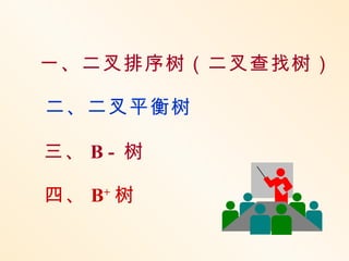 一、二叉排序树（二叉查找树）

二、二叉平衡树

三、 B - 树

四、 B+ 树
 