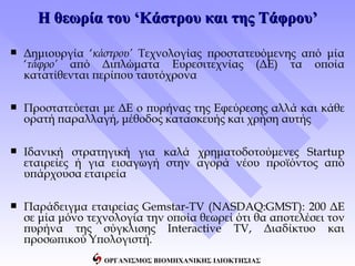 Η θεωρία του ‘Κάστρου και της Τάφρου’

   Δημιουργία ‘κάστρου’ Τεχνολογίας προστατευόμενης από μία
    ‘τάφρο’ από Διπλώματα Ευρεσιτεχνίας (ΔΕ) τα οποία
    κατατίθενται περίπου ταυτόχρονα

   Προστατεύεται με ΔΕ ο πυρήνας της Εφεύρεσης αλλά και κάθε
    ορατή παραλλαγή, μέθοδος κατασκευής και χρήση αυτής

   Ιδανική στρατηγική για καλά χρηματοδοτούμενες Startup
    εταιρείες ή για εισαγωγή στην αγορά νέου προϊόντος από
    υπάρχουσα εταιρεία

   Παράδειγμα εταιρείας Gemstar-TV (NASDAQ:GMST): 200 ΔΕ
    σε μία μόνο τεχνολογία την οποία θεωρεί ότι θα αποτελέσει τον
    πυρήνα της σύγκλισης Interactive TV, Διαδίκτυο και
    προσωπικού Υπολογιστή.
                   ΟΡΓΑΝΙΣΜΟΣ ΒΙΟΜΗΧΑΝΙΚΗΣ ΙΔΙΟΚΤΗΣΙΑΣ
 