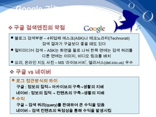 Google 기능 – „검색엔진‟


 블로그 검색부분 – 4위업체 애스크(ASK)나 테크노라티(Technorati)
            검색 결과가 구글보다 좋을 때도 있다
 멀티미디어 검색 – ASK는 화면을 둘로 나눠 한쪽 면에는 검색 쿼리를
            다른 면에는 이미지, 비디오 링크를 배치
 요리, 온라인 지도 사진 – MS ‘라이브서치’, 델리서스(del.icio.us) 우수




  구글 : 정보의 집적→ 아카이브의 구축→생활의 지배
  네이버 : 정보의 집적 → 컨텐츠의 구축→생활의 지배


  구글 – 검색 쿼리(query)를 판매하여 큰 수익을 얻음
  네이버 – 검색 컨텐츠의 독점성을 통해 수익을 발생시킴
 