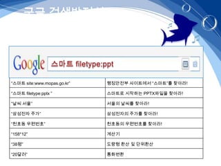 구글 검색방정식




“스마트 site:www.mopas.go.kr”   행정안전부 사이트에서 “스마트”를 찾아라!

“스마트 filetype:pptx ”         스마트로 시작하는 PPTX파일을 찾아라!

“날씨 서울”                      서울의 날씨를 찾아라!

“삼성전자 주가”                    삼성전자의 주가를 찾아라!

“천호동 우편번호”                   천호동의 우편번호를 찾아라!

“158*12”                     계산기

“38평”                        도량형 환산 및 단위환산

“20달러”                       통화변환
 
