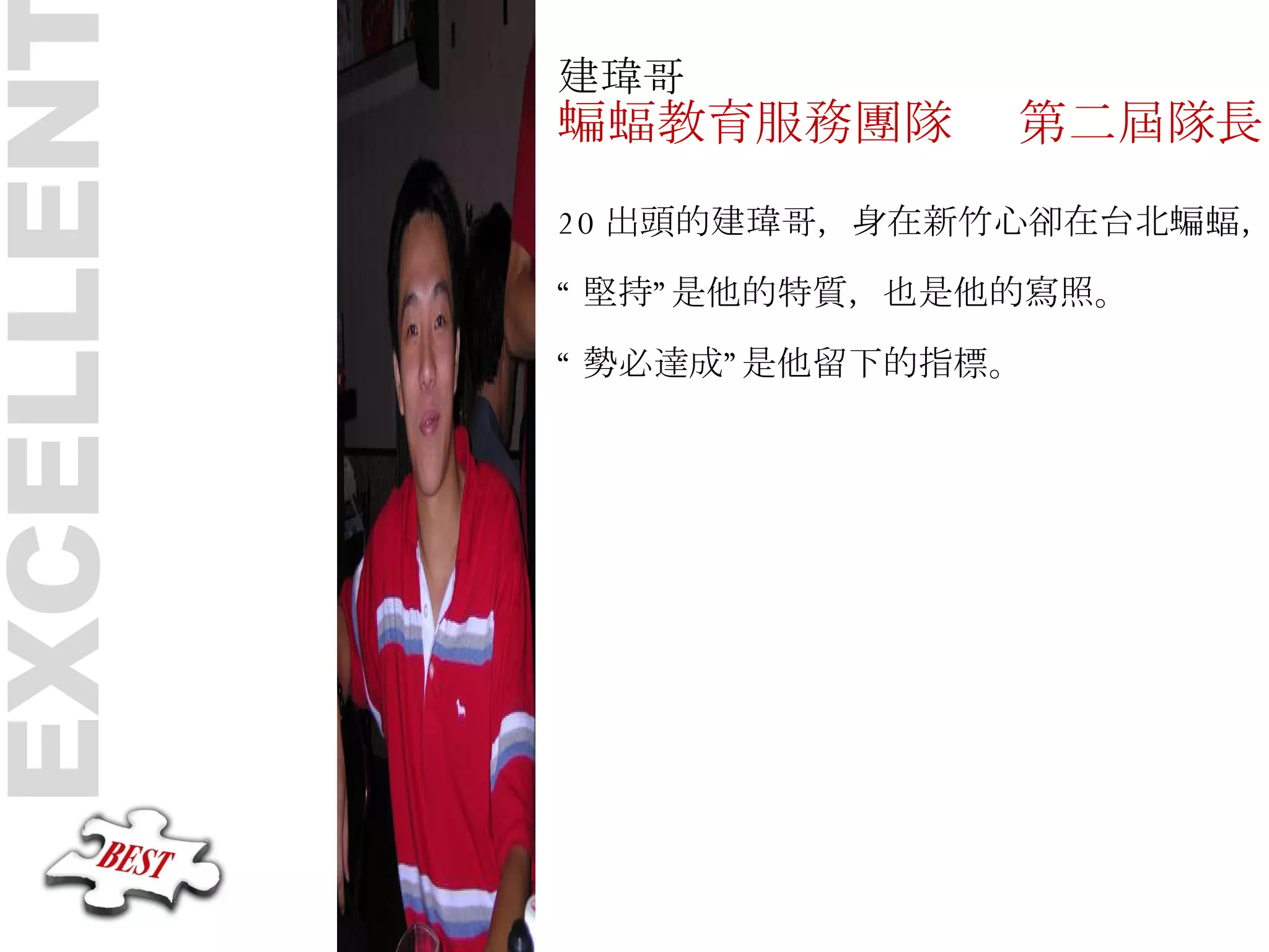 EXCELLENT 建瑋哥 蝙蝠教育服務團隊  第二屆隊長 20 出頭的建瑋哥，身在新竹心卻在台北蝙蝠， “ 堅持”是他的特質，也是他的寫照。 “ 勢必達成”是他留下的指標。 