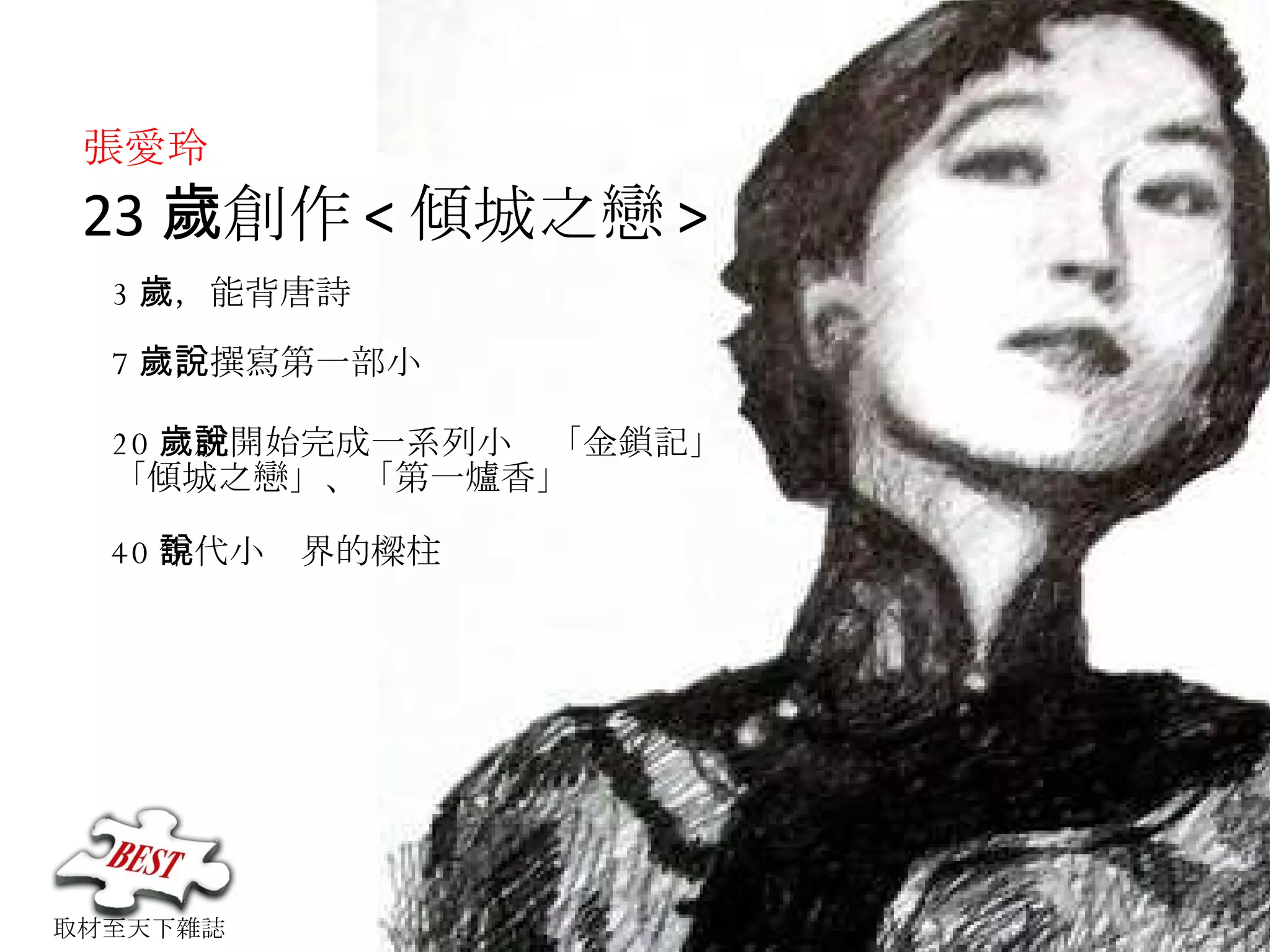 張愛玲 23 歲創作 < 傾城之戀 > 取材至天下雜誌 20 歲就開始完成一系列小說「金鎖記」 「傾城之戀」、「第一爐香」 3 歲，能背唐詩 7 歲，撰寫第一部小說 40 年代小說界的樑柱 