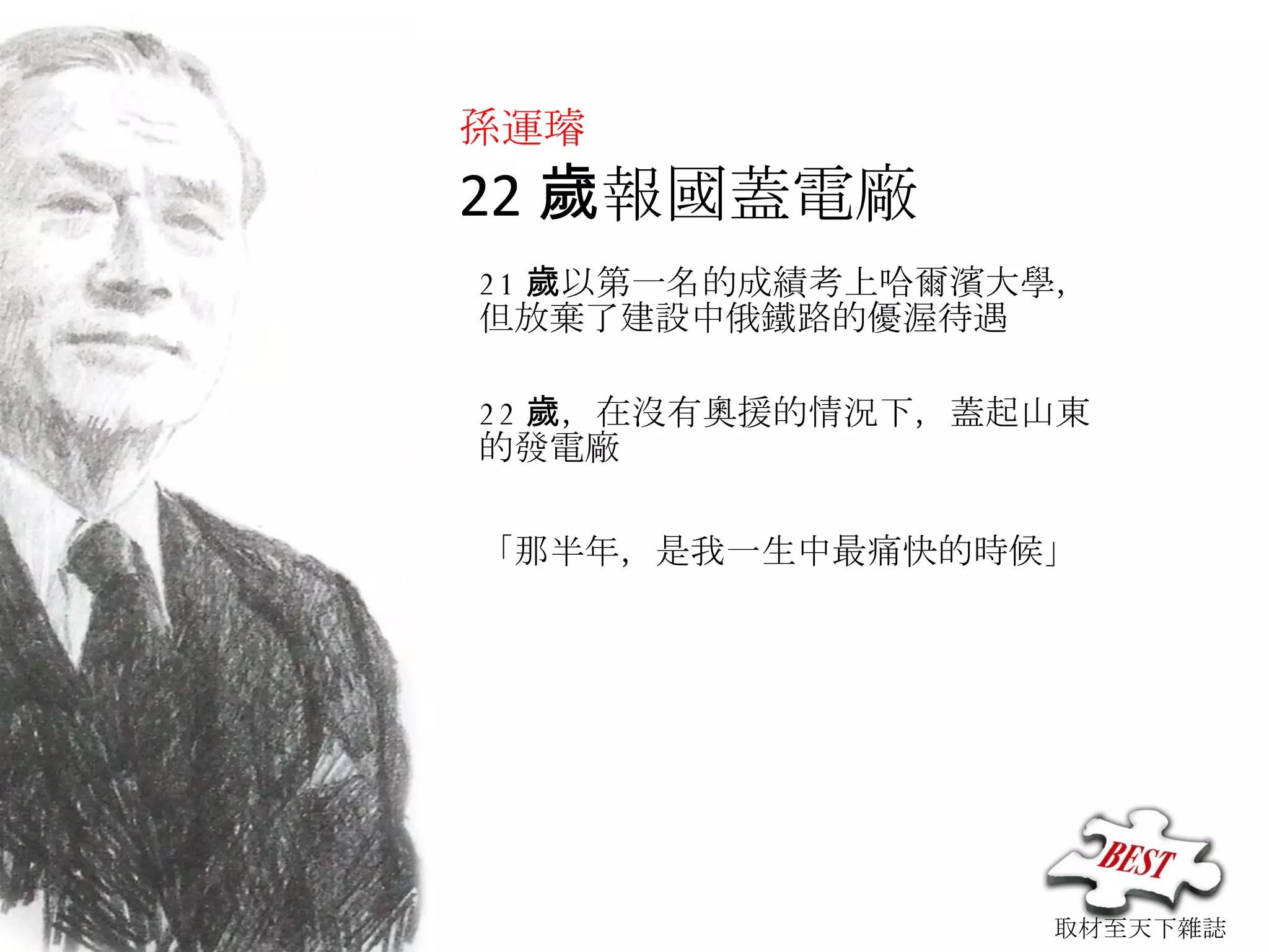 孫運璿 22 歲報國蓋電廠 取材至天下雜誌 21 歲以第一名的成績考上哈爾濱大學， 但放棄了建設中俄鐵路的優渥待遇 22 歲，在沒有奧援的情況下，蓋起山東的發電廠 「那半年，是我一生中最痛快的時候」 