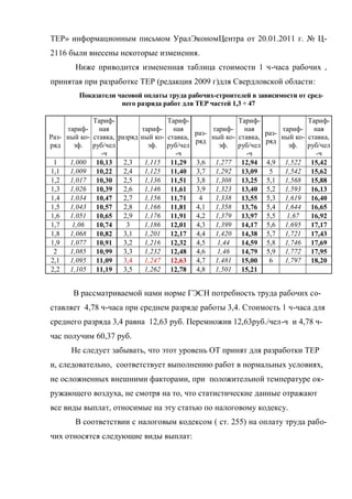 ТЕР» информационным письмом УралЭкономЦентра от 20.01.2011 г. № Ц-
2116 были внесены некоторые изменения.
       Ниже приводится измененная таблица стоимости 1 ч-часа рабочих ,
принятая при разработке ТЕР (редакция 2009 г)для Свердловской области:
        Показатели часовой оплаты труда рабочих-строителей в зависимости от сред-
                    него разряда работ для ТЕР частей 1,3 ÷ 47

               Тариф-                   Тариф-                   Тариф-                   Тариф-
     тариф-      ная          тариф-      ная          тариф-      ная          тариф-      ная
                                                  раз-                     раз-
Раз- ный ко-   ставка, разряд ный ко-   ставка,        ный ко-   ставка,        ный ко-   ставка,
                                                  ряд                      ряд
ряд    эф.     руб/чел          эф.     руб/чел          эф.     руб/чел          эф.     руб/чел
                  -ч                       -ч                       -ч                       -ч
 1    1,000     10,13    2,3   1,115     11,29    3,6   1,277     12,94    4,9   1,522     15,42
1,1   1,009     10,22    2,4   1,125     11,40    3,7   1,292     13,09     5    1,542     15,62
1,2   1,017     10,30    2,5   1,136     11,51    3,8   1,308     13,25    5,1   1,568     15,88
1,3   1,026     10,39    2,6   1,146     11,61    3,9   1,323     13,40    5,2   1,593     16,13
1,4   1,034     10,47    2,7   1,156     11,71     4    1,338     13,55    5,3   1,619     16,40
1,5   1,043     10,57    2,8   1,166     11,81    4,1   1,358     13,76    5,4   1,644     16,65
1,6   1,051     10,65    2,9   1,176     11,91    4,2   1,379     13,97    5,5   1,67      16,92
1,7   1,06      10,74     3    1,186     12,01    4,3   1,399     14,17    5,6   1,695     17,17
1,8   1,068     10,82    3,1   1,201     12,17    4,4   1,420     14,38    5,7   1,721     17,43
1,9   1,077     10,91    3,2   1,216     12,32    4,5   1,44      14,59    5,8   1,746     17,69
 2    1,085     10,99    3,3   1,232     12,48    4,6   1,46      14,79    5,9   1,772     17,95
2,1   1,095     11,09    3,4   1,247     12,63    4,7   1,481     15,00     6    1,797     18,20
2,2   1,105     11,19    3,5   1,262     12,78    4,8   1,501     15,21


       В рассматриваемой нами норме ГЭСН потребность труда рабочих со-
ставляет 4,78 ч-часа при среднем разряде работы 3,4. Стоимость 1 ч-часа для
среднего разряда 3,4 равна 12,63 руб. Перемножив 12,63руб./чел-ч и 4,78 ч-
час получим 60,37 руб.
      Не следует забывать, что этот уровень ОТ принят для разработки ТЕР
и, следовательно, соответствует выполнению работ в нормальных условиях,
не осложненных внешними факторами, при положительной температуре ок-
ружающего воздуха, не смотря на то, что статистические данные отражают
все виды выплат, относимые на эту статью по налоговому кодексу.
       В соответствии с налоговым кодексом ( ст. 255) на оплату труда рабо-
чих относятся следующие виды выплат:
 