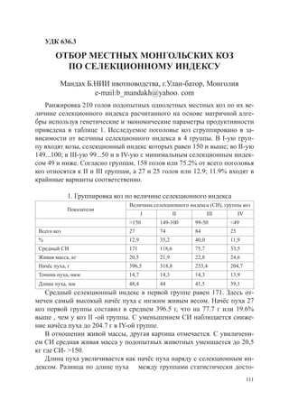 УДК 636.3

        ОТБОР МЕСТНЫХ МОНГОЛЬСКИХ КОЗ
          ПО СЕЛЕКЦИОННОМУ ИНДЕКСУ
          Мандах Б.НИИ ивотноводства, г.Улан-батор, Монголия
                   e-mail:b_mandakh@yahoo. com
   Ранжировка 210 голов подопытных однолетных местных коз по их ве-
личине селекционного индекса расчитанного на основе матричной алге-
бры используя генетические и экономические параметры продуктивности
приведена в таблице 1. Исследуемое поголовье коз сгруппировано в за-
висимости от велчины селекционного индекса в 4 группы. В I-ую груп-
пу входят козы, селекционный индекс которых равен 150 и выше; во II-ую
149...100; в III-ую 99...50 и в IV-ую с минимальным селекционным индек-
сом 49 и ниже. Согласно группам, 158 голов или 75.2% от всего поголовья
коз относятся к II и III группам, а 27 и 25 голов или 12.9; 11.9% входят в
крайнные варианты соответственно.

             1. Группировка коз по величине селекционного индекса
                                Величина селекционного индекса (СИ), группы коз
             Показатели
                                       I           II           III         IV
                                >150       149-100       99-50         <49
 Всего коз                      27         74            84            25
 %                              12,9       35,2          40,0          11,9
 Средный СИ                     171        118,6         75,7          33,5
 Живая масса, кг                20,5       21,9          22,8          24,6
 Начёс пуха, г                  396,5      318,8         253,4         204,7
 Тонина пуха, мкм               14,7       14,3          14,3          13,9
 Длина пуха, мм                 48,4       44            41,5          39,1
    Средный селекционный индекс в первой группе равен 171. Здесь от-
мечен самый высокый начёс пуха с низким живым весом. Начёс пуха 27
коз первой группы составил в среднем 396.5 г, что на 77.7 г или 19.6%
выше , чем у коз II -ой группы. С уменьшением СИ наблюдается сниже-
ние начёса пуха до 204.7 г в IY-ой группе.
    В отношении живой массы, другая картина отмечается. С увиличени-
ем СИ средная живая масса у подопытных животных уменшается до 20,5
кг где СИ- >150.
    Длина пуха увеличивается как начёс пуха наряду с селекционным ин-
дексом. Разница по длине пуха между группами статистически досто-
                                                                                 111
 