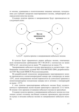 го молока, упаковщика в полиэтиленовые пищевые мешочки, холодиль-
ника для глубокой заморозки пакетированного молока, лабораторией для
определения качества молока.
   Создание пунктов приема и замораживания будут производиться по
следующей схеме:



                                                      2
             1

                              Цех по
                           производству
                             кумыса




             4                                        3


       1,2,3,4* - пункты приема и замораживания кобыльего молока

    В пунктах будет приниматься свежее кобылье молоко, отвечающее
всем гигиеническим требованиям ОСТ 46128-82 с плотностью не менее
1029 кг/м3 , кислотностью не выше 7ºТ, жирностью не менее 1%.
    Замораживание кобыльего молока производится в соответствии с тре-
бованиями технических условий 9851-010-00670203-2004, разработанны-
ми ГНУ Якутский НИИСХ Россельхозакадемии.
    По разработанной технологии замораживание пакетированного моло-
ка производится в низкотемпературной камере при температуре не выше
-25ºС, затем замороженное молоко переносится на длительное хранение в
низкотемпературные холодильные камеры или в летники с температурой
не выше - 15 ºС.
    С этих пунктов транспортировка кобыльего молока будет осущест-
вляться в термоящиках всеми видами транспорта в пределах 2-3-х часов.
В течение этого времени оттаивание кобыльего молока не произойдет.
    Создание пунктов приема и замораживания кобыльего молока на отда-
ленных летних отгонных пастбищах позволит производить круглогодич-
но кумыс и питьевое кобылье молоко из замороженного кобыльего моло-
ка.

                                                                   137
 