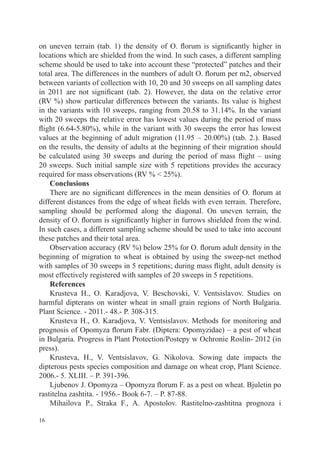 on uneven terrain (tab. 1) the density of O. florum is significantly higher in
locations which are shielded from the wind. In such cases, a different sampling
scheme should be used to take into account these “protected” patches and their
total area. The differences in the numbers of adult O. florum per m2, observed
between variants of collection with 10, 20 and 30 sweeps on all sampling dates
in 2011 are not significant (tab. 2). However, the data on the relative error
(RV %) show particular differences between the variants. Its value is highest
in the variants with 10 sweeps, ranging from 20.58 to 31.14%. In the variant
with 20 sweeps the relative error has lowest values during the period of mass
flight (6.64-5.80%), while in the variant with 30 sweeps the error has lowest
values at the beginning of adult migration (11.95 – 20.00%) (tab. 2.). Based
on the results, the density of adults at the beginning of their migration should
be calculated using 30 sweeps and during the period of mass flight – using
20 sweeps. Such initial sample size with 5 repetitions provides the accuracy
required for mass observations (RV % < 25%).
    Conclusions
    There are no significant differences in the mean densities of O. florum at
different distances from the edge of wheat fields with even terrain. Therefore,
sampling should be performed along the diagonal. On uneven terrain, the
density of O. florum is significantly higher in furrows shielded from the wind.
In such cases, a different sampling scheme should be used to take into account
these patches and their total area.
    Оbservation accuracy (RV %) below 25% for O. florum adult density in the
beginning of migration to wheat is obtained by using the sweep-net method
with samples of 30 sweeps in 5 repetitions; during mass flight, adult density is
most effectively registered with samples of 20 sweeps in 5 repetitions.
    References
    Krusteva H., O. Karadjova, V. Beschovski, V. Ventsislavov. Studies on
harmful dipterans on winter wheat in small grain regions of North Bulgaria.
Plant Science. - 2011.- 48.- P. 308-315.
    Krusteva H., O. Karadjova, V. Ventsislavov. Methods for monitoring and
prognosis of Opomyza florum Fabr. (Diptera: Opomyzidae) – a pest of wheat
in Bulgaria. Progress in Plant Protection/Postepy w Ochronie Roslin- 2012 (in
press).
    Krusteva, H., V. Ventsislavov, G. Nikolova. Sowing date impacts the
dipterous pests species composition and damage on wheat crop, Plant Science.
2006.- 5. XLIII. – P. 391-396.
    Ljubenov J. Opomyza – Opomyza florum F. as a pest on wheat. Bjuletin po
rastitelna zashtita. - 1956.- Book 6-7. – P. 87-88.
    Mihailova P., Straka F., A. Apostolov. Rastitelno-zashtitna prognoza i

16
 