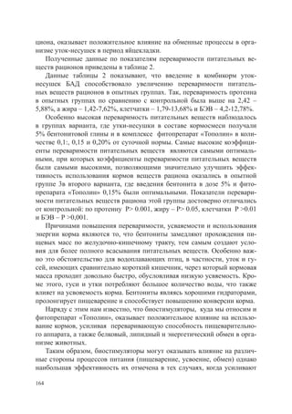 циона, оказывает положительное влияние на обменные процессы в орга-
низме уток-несушек в период яйцекладки.
    Полученные данные по показателям переваримости питательных ве-
ществ рационов приведены в таблице 2.
    Данные таблицы 2 показывают, что введение в комбикорм уток-
несушек БАД способствовало увеличению переваримости питатель-
ных веществ рационов в опытных группах. Так, переваримость протеина
в опытных группах по сравнению с контрольной была выше на 2,42 –
5,88%, а жира – 1,42-7,62%, клетчатки – 1,79-13,68% и БЭВ – 4,2-12,78%.
    Особенно высокая переваримость питательных веществ наблюдалось
в группах варианта, где утки-несушки в составе кормосмеси получали
5% бентонитовой глины и в комплексе фитопрепарат «Тополин» в коли-
честве 0,1:, 0,15 и 0,20% от суточной нормы. Самые высокие коэффици-
енты переваримости питательных веществ являются самыми оптималь-
ными, при которых коэффициенты переваримости питательных веществ
были самыми высокими, позволяющими значительно улучшить эффек-
тивность использования кормов веществ рациона оказались в опытной
группе 3в второго варианта, где введения бентонита в дозе 5% и фито-
препарата «Тополин» 0,15% были оптимальными. Показатели перевари-
мости питательных веществ рациона этой группы достоверно отличались
от контрольной: по протеину Р> 0.001, жиру – Р> 0.05, клетчатки Р >0.01
и БЭВ – Р >0,001.
    Причинами повышения переваримости, усваяемости и использования
энергии корма являются то, что бентониты замедляют прохождения пи-
щевых масс по желудочно-кишечному тракту, тем самым создают усло-
вия для более полного всасывания питательных веществ. Особенно важ-
но это обстоятельство для водоплавающих птиц, в частности, уток и гу-
сей, имеющих сравнительно короткий кишечник, через который кормовая
масса проходит довольно быстро, обусловливая низкую усвяемость. Кро-
ме этого, гуси и утки потребляют большое количество воды, что также
влияет на усвояемость корма. Бентониты являясь хорошими гидраторами,
пролонгирует пищеварение и способствует повышению конверсии корма.
    Наряду с этим нам известно, что биостимуляторы, куда мы относим и
фитопрепарат «Тополин», оказывает положительное влияние на испльзо-
вание кормов, усиливая переваривающую способность пищеварительно-
го аппарата, а также белковый, липидный и энергетический обмен в орга-
низме животных.
    Таким образом, биостимуляторы могут оказывать влияние на различ-
ные стороны процессов питания (пищеварение, усвоение, обмен) однако
наибольшая эффективность их отмечена в тех случаях, когда усиливают

164
 