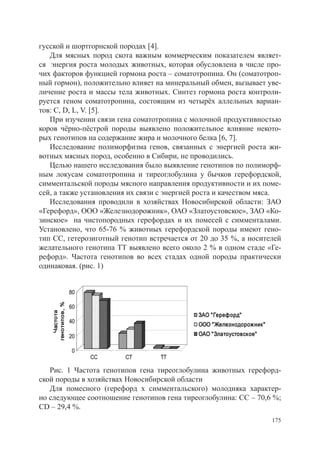 гусской и шортгорнской породах [4].
   Для мясных пород скота важным коммерческим показателем являет-
ся энергия роста молодых животных, которая обусловлена в числе про-
чих факторов функцией гормона роста – соматотропина. Он (соматотроп-
ный гормон), положительно влияет на минеральный обмен, вызывает уве-
личение роста и массы тела животных. Синтез гормона роста контроли-
руется геном соматотропина, состоящим из четырёх аллельных вариан-
тов: С, D, L, V. [5].
   При изучении связи гена соматотропина с молочной продуктивностью
коров чёрно-пёстрой породы выявлено положительное влияние некото-
рых генотипов на содержание жира и молочного белка [6, 7].
   Исследование полиморфизма генов, связанных с энергией роста жи-
вотных мясных пород, особенно в Сибири, не проводились.
   Целью нашего исследования было выявление генотипов по полиморф-
ным локусам соматотропина и тиреоглобулина у бычков герефордской,
симментальской породы мясного направления продуктивности и их поме-
сей, а также установления их связи с энергией роста и качеством мяса.
   Исследования проводили в хозяйствах Новосибирской области: ЗАО
«Герефорд», ООО «Железнодорожник», ОАО «Златоустовское», ЗАО «Ко-
зинское» на чистопородных герефордах и их помесей с симменталами.
Установлено, что 65-76 % животных герефордской породы имеют гено-
тип СС, гетерозиготный генотип встречается от 20 до 35 %, а носителей
желательного генотипа ТТ выявлено всего около 2 % в одном стаде «Ге-
рефорд». Частота генотипов во всех стадах одной породы практически
одинаковая. (рис. 1)


                  80
   генотипов, %




                  60
      Частота




                                             ЗАО "Герефорд"
                  40
                                             ООО "Железнодорожник"
                  20                         ОАО "Златоустовское"

                  0
                       СС   СТ    ТТ

   Рис. 1 Частота генотипов гена тиреоглобулина животных герефорд-
ской породы в хозяйствах Новосибирской области
   Для помесного (герефорд х симментальского) молодняка характер-
но следующее соотношение генотипов гена тиреоглобулина: СС – 70,6 %;
CD – 29,4 %.
                                                                     175
 