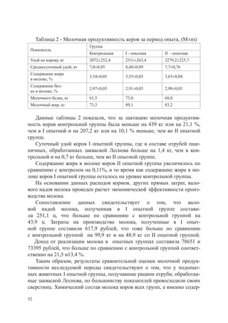 Таблица 2 - Молочная продуктивность коров за период опыта, (М±m)
                           Группа
 Показатель
                           Контрольная   I - опытная    II – опытная
 Удой на корову, кг        2072±252,4    2511±263,4     2279,2±225,7
 Среднесуточный удой, кг   7,0±0,85      8,48±0,89      7,7±0,76
 Содержание жира
                           3,54±0,05     3,55±0,03      3,65±0,04
 в молоке, %
 Содержание бел-
                           2,97±0,03     2,91±0,03      2,98±0,03
 ка в молоке, %
 Молочного белка, кг       61,5          73,0           68,0
 Молочный жир, кг          73,3          89,1           83,2


   Данные таблицы 2 показали, что за лактацию молочная продуктив-
ность коров контрольной группы была меньше на 439 кг или на 21,1 %,
чем в I опытной и на 207,2 кг или на 10,1 % меньше, чем во II опытной
группе.
   Суточный удой коров I опытной группы, где в составе отрубей пше-
ничных, обработанных закваской Леснова больше на 1,4 кг, чем в кон-
трольной и на 0,7 кг больше, чем во II опытной группе.
   Содержание жира в молоке коров II опытной группы увеличилось по
сравнению с контролем на 0,11%, в то время как содержание жира в мо-
локе коров I опытной группы осталось на уровне контрольной группы.
   На основании данных расходов кормов, других прямых затрат, вало-
вого надоя молока проведен расчет экономической эффективности произ-
водства молока.
   Сопоставление данных свидетельствует о том, что вало-
вой надой молока, полученная в I опытной группе состави-
ла 251,1 ц, что больше по сравнению с контрольной группой на
43,9 ц. Затраты на производство молока, полученные в I опыт-
ной группе составили 617,9 рублей, что тоже больше по сравнению
с контрольной группой на 99,9 кг и на 48,9 кг со II опытной группой.
   Доход от реализации молока в опытных группах составила 78651 и
73395 рублей, что больше по сравнению с контрольной группой соответ-
ственно на 21,5 и13,4 %.
   Таким образом, результаты сравнительной оценки молочной продук-
тивности исследуемой породы свидетельствуют о том, что у подопыт-
ных животных I опытной группы, получавшие рацион отруби, обработан-
ные закваской Леснова, по большинству показателей превосходили своих
сверстниц. Химический состав молока коров всех групп, а именно содер-

52
 