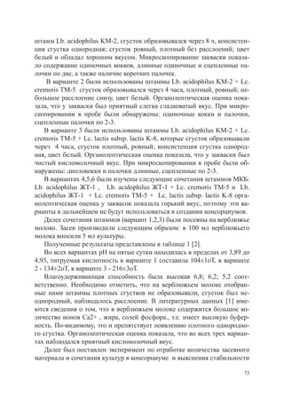 штамм Lb. acidophilus KM-2, сгусток образовывался через 8 ч, консистен-
ция сгустка однородная; сгусток ровный, плотный без расслоений; цвет
белый и обладал хорошим вкусом. Микроскопирование закваски показа-
ло содержание одиночных кокков, длинные одиночные и сцепленные па-
лочки по две, а также наличие коротких палочек.
     В варианте 2 были использованы штаммы Lb. acidophilus KM-2 + Lc.
cremoris TM-5 сгусток образовывался через 4 часа, плотный, ровный; не-
большое расслоение снизу, цвет белый. Органолептическая оценка пока-
зала, что у закваски был приятный слегка сладковатый вкус. При микро-
скопировании в пробе были обнаружены: одиночные кокки и палочки,
сцепленные палочки по 2-3.
    В варианте 3 были использованы штаммы Lb. acidophilus KM-2 + Lc.
cremoris TM-5 + Lc. lactis subsp. lactis K-8, которые сгусток образовывали
через 4 часа, сгусток плотный, ровный; консистенция сгустка однород-
ная, цвет белый. Органолептическая оценка показала, что у закваски был
чистый кисломолочный вкус. При микроскопировании в пробе были об-
наружены: диплококки и палочки длинные, сцепленные по 2-3.
    В вариантах 4,5,6 были изучены следующие сочетания штаммов МКБ:
Lb. acidophilus ЖТ-1 , Lb. acidophilus ЖТ-1 + Lc. cremoris TM-5 и Lb.
acidophilus ЖТ-1 + Lc. cremoris TM-5 + Lc. lactis subsp. lactis K-8 орга-
нолептическая оценка у заквасок показала горький вкус, поэтому эти ва-
рианты в дальнейшем не будут использоваться в создании консорциумов.
    Далее сочетания штаммов (вариант 1,2,3) были посеяны на верблюжье
молоко. Засев производили следующим образом: в 100 мл верблюжьего
молока вносили 5 мл культуры.
    Полученные результаты представлены в таблице 1 [2].
    Во всех вариантах рН на пятые сутки находилась в пределах от 3,89 до
4,93, титруемая кислотность в варианте 1 составила 104±1оТ, в варианте
2 - 134±2оТ, в варианте 3 - 216±3оТ.
    Влагоудерживающая способность была высокая 6,8; 6,2; 5,2 соот-
ветственно. Необходимо отметить, что на верблюжьем молоке отобран-
ные нами штаммы плотных сгустков не образовывали, сгусток был не-
однородный, наблюдалось расслоение. В литературных данных [1] име-
ются сведения о том, что в верблюжьем молоке содержится большое ко-
личество ионов Са2+ , жира, солей фосфора., т.е. имеет высокую буфер-
ность. По-видимому, это и препятствует появлению плотного однородно-
го сгустка. Органолептическая оценка показала, что во всех трех вариан-
тах наблюдался приятный кисломолочный вкус.
    Далее был поставлен эксперимент по отработке количества засевного
материала и сочетания культур в консорциуме и выяснения стабильности

                                                                        73
 