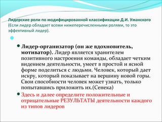 Лидерские роли по модифицированной классификации Д.И. Уманского
(Если лидер обладает всеми нижеперечисленными ролями, то это
эффективный лидер).

    Лидер-организатор (он же вдохновитель,
     мотиватор). Лидер является хранителем
     позитивного настроения команды, обладает четким
     видением деятельности, умеет в простой и ясной
     форме поделиться с людьми. Человек, который дает
     искру, который показывает на вершину новой горы.
     Свои способности человек может узнать, только
     попытавшись приложить их.(Сенека)
    Здесь и далее определите положительные и
     отрицательные РЕЗУЛЬТАТЫ деятельности каждого
     из типов лидеров
 