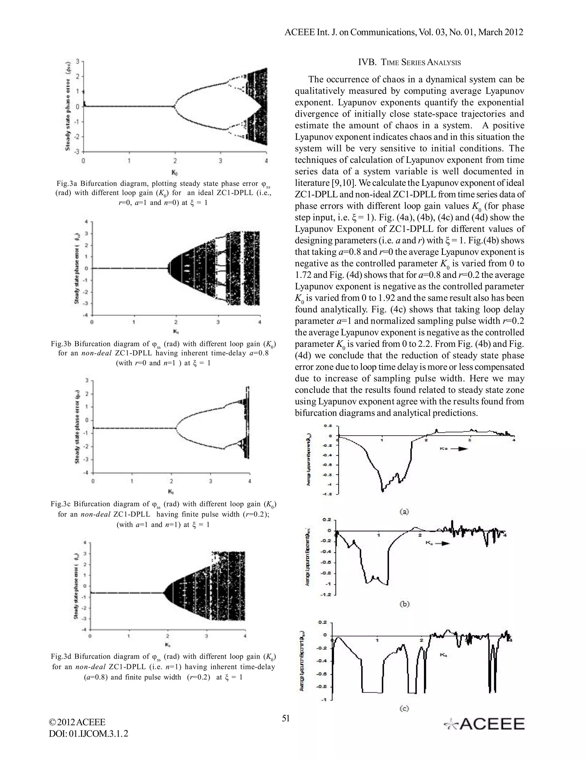 ACEEE Int. J. on Communications, Vol. 03, No. 01, March 2012


                                                                                                IVB. TIME SERIES ANALYSIS
                                                                                   The occurrence of chaos in a dynamical system can be
                                                                               qualitatively measured by computing average Lyapunov
                                                                               exponent. Lyapunov exponents quantify the exponential
                                                                               divergence of initially close state-space trajectories and
                                                                               estimate the amount of chaos in a system. A positive
                                                                               Lyapunov exponent indicates chaos and in this situation the
                                                                               system will be very sensitive to initial conditions. The
                                                                               techniques of calculation of Lyapunov exponent from time
                                                                               series data of a system variable is well documented in
 Fig.3a Bifurcation diagram, plotting steady state phase error  ss            literature [9,10]. We calculate the Lyapunov exponent of ideal
 (rad) with different loop gain (K0) for an ideal ZC1-DPLL (i.e.,              ZC1-DPLL and non-ideal ZC1-DPLL from time series data of
                     r=0, a=1 and n=0) at ξ = 1
                                                                               phase errors with different loop gain values K0 (for phase
                                                                               step input, i.e. ξ = 1). Fig. (4a), (4b), (4c) and (4d) show the
                                                                               Lyapunov Exponent of ZC1-DPLL for different values of
                                                                               designing parameters (i.e. a and r) with ξ = 1. Fig.(4b) shows
                                                                               that taking a=0.8 and r=0 the average Lyapunov exponent is
                                                                               negative as the controlled parameter K0 is varied from 0 to
                                                                               1.72 and Fig. (4d) shows that for a=0.8 and r=0.2 the average
                                                                               Lyapunov exponent is negative as the controlled parameter
                                                                               K0 is varied from 0 to 1.92 and the same result also has been
                                                                               found analytically. Fig. (4c) shows that taking loop delay
                                                                               parameter a=1 and normalized sampling pulse width r=0.2
                                                                               the average Lyapunov exponent is negative as the controlled
Fig.3b Bifurcation diagram of  ss (rad) with different loop gain (K0 )        parameter K0 is varied from 0 to 2.2. From Fig. (4b) and Fig.
  for an non-deal ZC1-DPLL having inherent time-delay a=0.8                    (4d) we conclude that the reduction of steady state phase
                    (with r=0 and n=1 ) at ξ = 1
                                                                               error zone due to loop time delay is more or less compensated
                                                                               due to increase of sampling pulse width. Here we may
                                                                               conclude that the results found related to steady state zone
                                                                               using Lyapunov exponent agree with the results found from
                                                                               bifurcation diagrams and analytical predictions.




Fig.3c Bifurcation diagram of ss (rad) with different loop gain (K0 )
  for an non-deal ZC1-DPLL having finite pulse width (r=0.2);
                    (with a=1 and n=1) at ξ = 1




Fig.3d Bifurcation diagram of  ss (rad) with different loop gain (K0 )
for an non-deal ZC1-DPLL (i.e. n=1) having inherent time-delay
          (a=0.8) and finite pulse width (r=0.2) at ξ = 1




© 2012 ACEEE                                                              51
DOI: 01.IJCOM.3.1.2
 
