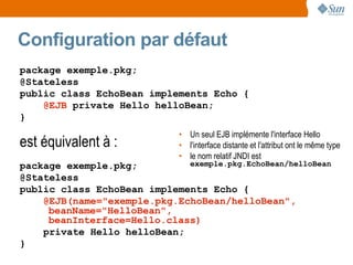 Configuration par défaut
package exemple.pkg;
@Stateless
public class EchoBean implements Echo {
    @EJB private Hello helloBean;
}
                              • Un seul EJB implémente l'interface Hello
est équivalent à :            • l'interface distante et l'attribut ont le même type
                              • le nom relatif JNDI est
package exemple.pkg;         exemple.pkg.EchoBean/helloBean
@Stateless
public class EchoBean implements Echo {
    @EJB(name="exemple.pkg.EchoBean/helloBean",
     beanName="HelloBean",
     beanInterface=Hello.class)
    private Hello helloBean;
}
 