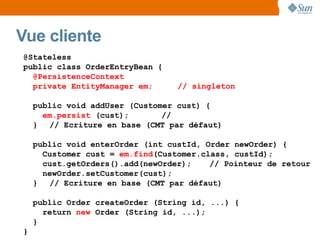 Vue cliente
@Stateless
public class OrderEntryBean {
  @PersistenceContext
  private EntityManager em;       // singleton

    public void addUser (Customer cust) {
      em.persist (cust);       //
    } // Ecriture en base (CMT par défaut)

    public void enterOrder (int custId, Order newOrder) {
      Customer cust = em.find(Customer.class, custId);
      cust.getOrders().add(newOrder);    // Pointeur de retour
      newOrder.setCustomer(cust);
    } // Ecriture en base (CMT par défaut)

    public Order createOrder (String id, ...) {
      return new Order (String id, ...);
    }
}
 