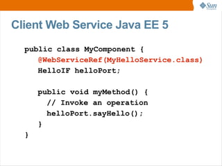 Client Web Service Java EE 5
  public class MyComponent {
     @WebServiceRef(MyHelloService.class)
     HelloIF helloPort;

      public void myMethod() {
        // Invoke an operation
        helloPort.sayHello();
      }
  }
 