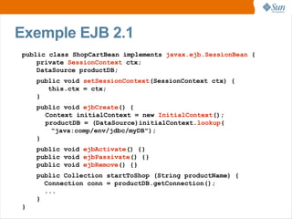 Exemple EJB 2.1
public class ShopCartBean implements javax.ejb.SessionBean {
    private SessionContext ctx;
    DataSource productDB;
    public void setSessionContext(SessionContext ctx) {
       this.ctx = ctx;
    }
    public void ejbCreate() {
      Context initialContext = new InitialContext();
      productDB = (DataSource)initialContext.lookup(
        "java:comp/env/jdbc/myDB");
    }
    public void ejbActivate() {}
    public void ejbPassivate() {}
    public void ejbRemove() {}
    public Collection startToShop (String productName) {
      Connection conn = productDB.getConnection();
      ...
    }
}
 
