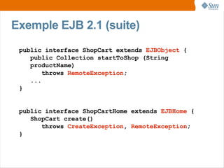 Exemple EJB 2.1 (suite)
 public interface ShopCart extends EJBObject {
    public Collection startToShop (String
    productName)
        throws RemoteException;
    ...
 }


 public interface ShopCartHome extends EJBHome {
    ShopCart create()
       throws CreateException, RemoteException;
 }
 