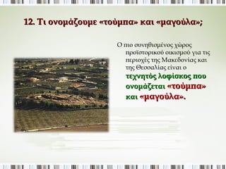 12. Τι ονομάζουμε «τούμπα» και «μαγούλα»; 
Ο πιο συνηθισμένος χώρος 
προϊστορικού οικισμού για τις 
περιοχές της Μακεδονίας και 
της Θεσσαλίας είναι ο 
τεχνητός λοφίσκος που 
ονομάζεται «τούμπα» 
και «μαγούλα». 
 