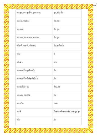 ๓๔

กระสุ น, กระสุ นปื น, ลูกกระสุ น   ลูก, นัด, เม็ด

กระหัง, กระหำง                     ตัว, ตน

กระแหล่ง                           ใบ, ลูก

กระออม, กะละออม, กะออม,            ใบ, ลูก

กรัณฑ์, กรณฑ์, กรัณฑก,             ใบ (หม้ อนา)
                                             ้

กรับ                               คู่

กรับพวง                            พวง

กรำด (เครื่ องขูดไคลม้ า)          อัน

กรำด (เครื่ องมือจับสัตว์ นา)
                           ้       อัน

กรำด (ไม้ กวาด)                    ด้ำม, อัน

กรำดวง, กระดวง                     อัน

กรำบเรื อ                          กรำบ

กรำฟ                               เรี ยกตำมลักษณะ เช่น แผ่น รู ป ชุด

กริ่ ง                             อัน
 
