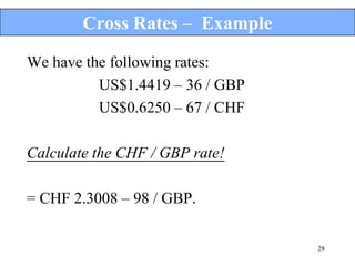 Cross Rates – Example

We have the following rates:
          US$1.4419 – 36 / GBP
          US$0.6250 – 67 / CHF

Calculate the CHF / GBP rate!

= CHF 2.3008 – 98 / GBP.


                                 28
 