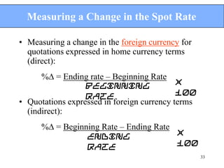 Measuring a Change in the Spot Rate

• Measuring a change in the foreign currency for
  quotations expressed in home currency terms
  (direct):
      %∆ = Ending rate – Beginning Rate
                  Beginning                 x
                  Rate                      100
• Quotations expressed in foreign currency terms
  (indirect):
      %∆ = Beginning Rate – Ending Rate
                 Ending                 x
                 Rate                   100
                                                   33
 