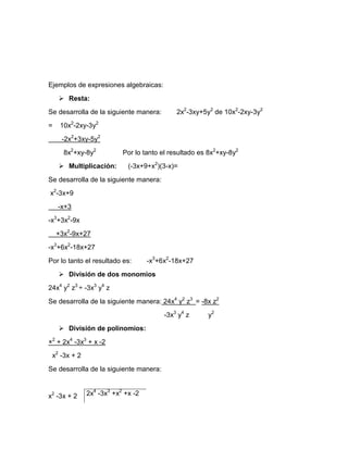 Ejemplos de expresiones algebraicas:
     Resta:
Se desarrolla de la siguiente manera:       2x2-3xy+5y2 de 10x2-2xy-3y2
=    10x2-2xy-3y2
     -2x2+3xy-5y2
      8x2+xy-8y2          Por lo tanto el resultado es 8x2+xy-8y2
     Multiplicación:       (-3x+9+x2)(3-x)=
Se desarrolla de la siguiente manera:
x2-3x+9
    -x+3
-x3+3x2-9x
    +3x2-9x+27
-x3+6x2-18x+27
Por lo tanto el resultado es:      -x3+6x2-18x+27
     División de dos monomios
24x4 y2 z3 ÷ -3x3 y4 z
Se desarrolla de la siguiente manera: 24x4 y2 z3 = -8x z2
                                        -3x3 y4 z     y2
     División de polinomios:
×2 + 2x4 -3x3 + x -2
 x2 -3x + 2
Se desarrolla de la siguiente manera:


x2 -3x + 2    2x4 -3x3 +x2 +x -2
 