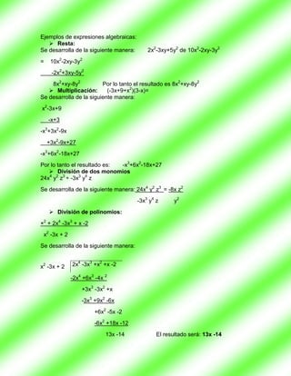 Ejemplos de expresiones algebraicas:
    Resta:
Se desarrolla de la siguiente manera:       2x2-3xy+5y2 de 10x2-2xy-3y2
=    10x2-2xy-3y2
     -2x2+3xy-5y2
    8x2+xy-8y2           Por lo tanto el resultado es 8x2+xy-8y2
    Multiplicación:       (-3x+9+x2)(3-x)=
Se desarrolla de la siguiente manera:
x2-3x+9
    -x+3
-x3+3x2-9x
    +3x2-9x+27
-x3+6x2-18x+27
Por lo tanto el resultado es: -x3+6x2-18x+27
    División de dos monomios
24x4 y2 z3 ÷ -3x3 y4 z
Se desarrolla de la siguiente manera: 24x4 y2 z3 = -8x z2
                                        -3x3 y4 z      y2
     División de polinomios:
×2 + 2x4 -3x3 + x -2
 x2 -3x + 2
Se desarrolla de la siguiente manera:


x2 -3x + 2    2x4 -3x3 +x2 +x -2

              -2x4 +6x3 -4x 2
                  +3x3 -3x2 +x
                  -3x3 +9x2 -6x
                       +6x2 -5x -2
                       -6x2 +18x -12
                            13x -14             El resultado será: 13x -14
 