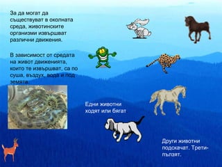 За да могат да
съществуват в околната
среда, животинските
организми извършват
различни движения.

В зависимост от средата
на живот движенията,
които те извършват, са по
суша, въздух, вода и под
земята.



                            Едни животни
                            ходят или бягат.




                                               Други животни
                                               подскачат. Трети-
                                               пълзят.
 