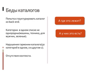 Бедыкаталогов
Попытка структурировать каталог
из back-end.
Категории в одном списке не
однородны(машины, техника, для
мужчин, зеленые).
Нарушения гармонии каталога(30
категорий в одном, а в другом 2).
Отсутствия контекста.
А где это лежит?
А у них это есть?
 