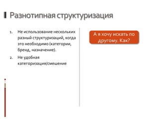 Разнотипнаяструктуризация
1. Не использование нескольких
разный структуризаций, когда
это необходимо (категории,
бренд, назначение).
2. Не удобная
категоризация/смешение
А я хочу искать по
другому. Как?
 