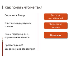 Какпонятьчтонетак?
Статистика, Визор
Опытные люди, изучаем
тренды
Ищем гармонию. 7+-2,
ограниченная палитра.
Простота лучше!
Все сомнения в сторону нет.
Экспертное
мнение
Тесты на
потребителей
Гармония
 