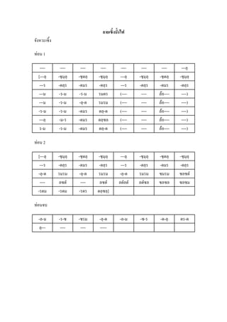 ลายเซิ้งบั้งไฟ
จังหวะเซิ้ง

ท่อน 1

   ----         ----       ----     ----         ----     ----       ----      ---ลฺ
  [---ลฺ      -ซฺ มฺลฺ   -ซฺ ดลฺ   -ซฺ มฺลฺ      ---ลฺ   -ซฺ มฺลฺ   -ซฺ ดลฺ   -ซฺ มฺลฺ
   ---ร       -ดลฺ ร     -ดมร      -ดลฺ ร        ---ร    -ดลฺ ร     -ดมร      -ดลฺ ร
  ---ม         -ร-ม       -ร-ม     รมดร          (----    ----      ล้อ----    ----)
  ---ม         -ร-ม      -ลฺ -ด    รมรม          (----    ----      ล้อ----    ----)
  -ร-ม         -ร-ม      -ดมร      ดลฺ -ด        (----    ----      ล้อ----    ----)
  ---ลฺ        -ม-ร      -ดมร      ดลฺ ซล        (----    ----      ล้อ----    ----)
   ร-ม         -ร-ม      -ดมร      ดลฺ -ด        (----    ----      ล้อ----    ----)

ท่อน 2

  [---ลฺ      -ซฺ มฺลฺ   -ซฺ ดลฺ   -ซฺ มฺลฺ      ---ลฺ   -ซฺ มฺลฺ   -ซฺ ดลฺ   -ซฺ มฺลฺ
   ---ร       -ดลฺ ร     -ดมร       -ดลฺ ร       ---ร    -ดลฺ ร     -ดมร      -ดลฺ ร
  -ลฺ -ด      รมรม       -ลฺ -ด    รมรม         -ลฺ -ด   รมรม       ซมรม      ซลซดํ
   ----        ลซดํ       ----      ลซดํ        ลดํลดํ   ลดํซล      ซลซล      ซลซม
  -รดม        -รดม       -รดร      ดลฺ ซลฺ ]

ท่อนจบ

  -ล-ม        -ร-ซ       -ซรม       -ลฺ -ด       -ล-ม    -ซ-ร       -ด-ลฺ     ดร-ด
  ลฺ ---       ----       ----      -----
 