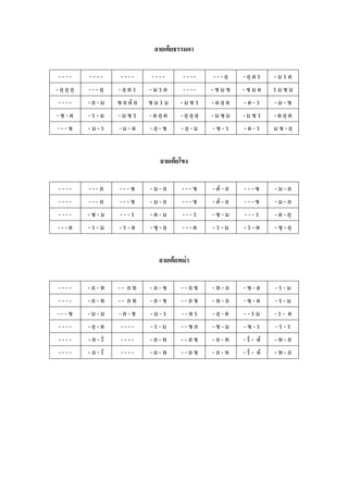ลายเต้ ยธรรมดา

 ----        ----        ----       ----         ----         - - - ลฺ   - ลฺ ด ร    -มรด
- ลฺ ลฺ ลฺ   - - - ลฺ   - ลฺ ด ร   -มรด          ----        -ซมซ        -ซมด        รมซม
 ----        -ล-ม       ซ ล ดํ ล   ซมรม         -มซร         - ด ลฺ ด    -ด-ร        -ม-ซ
-ซ-ด         -ร-ม       -มซร       - ด ลฺ ด     - ลฺ ลฺ ลฺ   -มซม        -มซร        - ด ลฺ ด
 ---ซ        -ม-ร       -ม-ด       - ลฺ - ซ     - ลฺ - ม     -ซ-ร        -ด-ร        ม ซ - ลฺ


                                        ลายเต้ ยโขง

----         ---ล       ---ซ       -ม-ล          ---ซ        - ดํ - ล    ---ซ        -ม-ล
----         ---ล       ---ซ       -ม-ล          ---ซ        - ดํ - ล    ---ซ        -ม-ล
----         -ซ-ม       ---ร       -ด-ม          ---ร        -ซ-ม        ---ร        - ด - ลฺ
---ด         -ร-ม       -ร-ด       - ซฺ - ลฺ     ---ด        -ร-ม        -ร-ด        - ซฺ - ลฺ


                                       ลายเต้ ยพม่ า

----         -ล-ท       -- ลท      -ล-ซ         --ลซ         -ท-ล        -ซ-ด        -ร-ม
----         -ล-ท       -- ลท      -ล-ซ         --ลซ         -ท-ล        -ซ-ด        -ร-ม
---ซ         -ม-ม       -ล-ซ       -ม-ร         --ดร         - ลฺ - ด    --รม        -ร- ด
----         - ลฺ - ด    ----      -ร-ม         --ซล         -ซ-ม        -ซ-ร        -ร-ร
----         - ล - รํ    ----      -ล-ท         --ลซ         -ล-ท        - รํ - ดํ   -ท-ล
----         - ล - รํ    ----      -ล-ท         --ลซ         -ล-ท        - รํ - ดํ   -ท-ล
 
