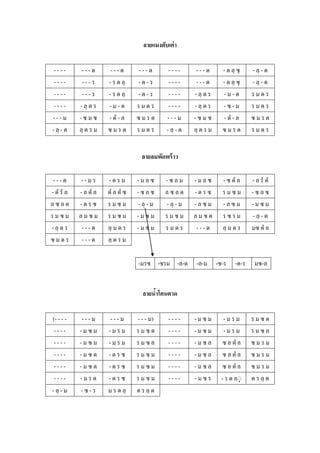 ลายแมงตับเต่ า

 ----        ---ด       ---ด       ---ด        ----       ---ด        - ด ลฺ ซฺ    - ลฺ - ด
 ----        ---ร      - ร ด ลฺ    -ด-ร        ----       ---ด        - ด ลฺ ซฺ    - ลฺ - ด
 ----        ---ร      - ร ด ลฺ    -ด-ร        ----      - ลฺ ด ร     -ม-ด         รมดร
 ----       - ลฺ ด ร   -ม-ด        รมดร        ----      - ลฺ ด ร     -ซ-ม         รมดร
---ม        -ซมซ       - ดํ - ล    ซมรด       ---ม       -ซมซ         - ดํ - ล     ซมรด
- ลฺ - ด    ลฺ ด ร ม   ซมรด        รมดร       - ลฺ - ด   ลฺ ด ร ม     ซมรด         รมดร


                                     ลายลมพัดพร้ าว

 ---ด       --มร       -ดรม        -มลซ       -ซลม       -มลซ         - ซ ดํ ล     - ล รํ ดํ
- ดํ รํ ล   - ล ดํ ล   ดํ ล ดํ ซ   -ซลซ       ลซลด       -ดรซ         รมซม         -ซลซ
ลซลด        -ดรซ       รมซม        - ลฺ - ม   - ลฺ - ม   -ลซม         -ลซม         -มซม
รมซม        ลมซม       รมซม        -มซม       รมซม       ลมซด         รซรม         - ลฺ - ด
- ลฺ ด ร     ---ด      ลฺ ม ด ร    -มซม       รมดร        ---ด        ลฺ ม ด ร     มซ ดํ ล
ซมดร         ---ด      ลฺ ด ร ม

                                   -มรซ -ซรม -ล-ด         -ล-ม      -ซ-ร    -ด-ร    มซ-ล


                                     ลายนาโตนตาด
                                         ้

(- - - -     ---ม       ---ม       - - - ม)    ----      -มซม          -มรม        รมซด
 ----       -มซม       -มรม        รมซด        ----      -มซม          -มรม        รมซล
 ----       -มซม       -มรม        รมซล        ----      -มซล          ซ ล ดํ ล    ซมรม
 ----       -มซด       -ดรซ        รมซม        ----      -มซล          ซ ล ดํ ล    ซมรม
 ----       -มซด       -ดรซ        รมซม        ----      -มซล          ซ ล ดํ ล    ซมรม
 ----       -มรด       -ดรซ        รมซม        ----      -มซร         - ร ด ลฺฺ    ด ร ลฺ ด
- ลฺ - ม    -ซ-ร       ม ร ด ลฺ    ด ร ลฺ ด
 
