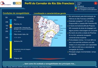 Perfil do Corredor do Rio São Francisco                                Calado
                                                                                                            Cota
                                                                                                                                        5
                                                                                                             Navegável
                                                                                                             Navegabilidade prejudicada
                                                                                                             Não navegável comercialmente

Condições de navegabilidade                           Localização e características gerais
                        Referência                                                            ►   Rio administrado pela Administração da
   km
                                                                                                  Hidrovia do São Francisco (AHSFRA)
                  Foz
                                                                                              ►   Extensão navegável: 1.371 km entre
   208
                  Piranhas, AL                                                                    Pirapora-MG e Juazeiro-BA/ Petrolina-PE
   150                                                                                        ►   O trecho de Ibotirama-BA até Pirapora-
                  Juazeiro-BA / Petrolina-PE                                                      MG necessita de obras de dragagem em
    40            Barragem com eclusa de Sobradinho

                   1,5 – 2,0 m
                                                                                                  alguns pontos e derrocagem em um ponto
   250
                                                                Rio Preto
                                                                                              ►   No trecho de entre a cidade de Piranhas-
                  Pilão Arcado Velho, BA                         Rio Grande                       AL e a foz, apresenta navegação
   320            1,5 – 2,0 m                                 Rio Corrente
                                                                              Rio Paraguaçu       comercial ainda incipiente
                                                                                              ►   Profundidade mínima: 1,5 m em 90% do
                  Ibotirama, BA
                                                                                                  ano o que permite comboios com seis
                                                                                                  chatas e um empurrador com capacidade
                                                                                                  de 1.800 à 2.200 tons e velocidade de
   761            Necessita de obras de dragagem                                                  navegação de 5 km/h.
                  1,2 – 2,0 m
                                                                                              ►   Principais cargas movimentadas: caroço
                                                                                                  de algodão

                  Pirapora, MG


                                  ... bem como foi avaliada a navegabilidade dos principais rios...
Fonte:   Antaq, SEPLAN, AHSFRA, Ministério dos Transportes, análise Macrologística                                                         14
 