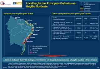 Localização das Principais Dutovias na                                                         Capital
                                                                                                                                        Cidades Principais
                                         Região Nordeste                                                                                Oleodutos
                                                                                                                                        Gasodutos
                                                                                                                                        Etenoduto

Localização dos principais dutos                                                 Dados comparativos dos principais1 dutos
                   São luís                                                        Trecho
                                                                                                                          Extensão      Diâm.     Capacidade
                                                                                   ( Produto – Empresa)
                                     Fortaleza
                                                                                   1. Madre de Deus, BA  Ipiaú, BA
                                                    Natal                                                                  225 km        10”      3,8 mil m³/dia
                          Teresina                                                 (Claros - Transpetro)

                                                        João Pessoa                2. Jequié, BA  Ipiaú, BA 
                                                                                                                           169 km         8”      3,8 mil m³/dia
                                               4
                                                                                   Itabuna, BA (Claros - Transpetro)
                                                        Recife
                                                                                   3. Camaçari, BA  Braskem, AL
                                                                                                                           485 km         8”           nd
                                                                                   (Gás Eteno- Braskem)
                                                    Maceió

                                              Aracajú                              4. Linhares, ES – Pecém, CE                                    0,5 – 20 MM
                                          3                                                                               2.900 km     4” - 28”
                                                                                   (Gás Natural - Transpetro)                                        m³/dia

                                     1   Salvador
                                 2


                                                   Uni. de processamento
                                                   de Gás Natural
                                                   Terminal
                                                   RLAM




...além de todas as dutovias da região, fornecendo um diagnóstico preciso da situação atual da infra-estrutura
       1) Além dos dutos apresentados, existe ainda outros dutos de menor extensão na região nordeste, com destaque especial para os que fazem a interligação
       do pólo petroquímico de Camaçari-BA com a refinaria Landulfo Alves (RLAM) da Petrobrás e com o porto de Aratu e outros terminais existentes na região e
       para os dutos de sal-gema das plantas de cloro-soda (Braskem Maceió-AL, Dow Vera Cruz-BA, Trikem)
Fonte: Transpetro, ANP, Braskem, ABEGAS, Ministério dos Transportes, análise Macrologística                                                                    15
 