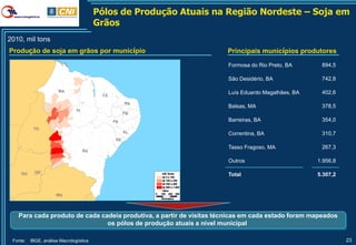 Pólos de Produção Atuais na Região Nordeste – Soja em
                                          Grãos
2010, mil tons
Produção de soja em grãos por município                                          Principais municípios produtores

                                                                                 Formosa do Rio Preto, BA      894,5

                                                                                 São Desidério, BA             742,8

                       MA                                                        Luís Eduardo Magalhães, BA    402,6
                                           CE

                                                      RN
                                                                                 Balsas, MA                    378,5
                                PI
                                                      PB

                                                PE                               Barreiras, BA                 354,0
           TO
                                                      AL
                                                                                 Correntina, BA                310,7
                                                 SE

                                                                                 Tasso Fragoso, MA             267,3
                                     BA

                                                                                 Outros                       1.956,8

    GO      DF                                                 mil tons
                                                                de 0 a 100
                                                                                 Total                        5.307,2
                                                                de 100 a 250
                                                                de 250 a 500
                                                                de 500 a 1.000
                                                                Other
                      MG                                   0   100 200 300
                                                               Kilometers




   Para cada produto de cada cadeia produtiva, a partir de visitas técnicas em cada estado foram mapeados
                               os pólos de produção atuais a nível municipal

 Fonte:   IBGE, análise Macrologística                                                                                  23
 