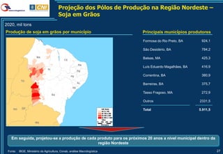 Projeção dos Pólos de Produção na Região Nordeste –
                                          Soja em Grãos
2020, mil tons
Produção de soja em grãos por município                                                      Principais municípios produtores

                                                                                             Formosa do Rio Preto, BA      924,1

                                                                                             São Desidério, BA             784,2

                       MA                                                                    Balsas, MA                    425,3
                                             CE

                                                         RN
                                                                                             Luís Eduardo Magalhães, BA    416,9
                                PI
                                                         PB

                                                  PE                                         Correntina, BA                380,9
           TO
                                                         AL
                                                                                             Barreiras, BA                 375,7
                                                    SE

                                                                                             Tasso Fragoso, MA             272,9
                                     BA

                                                                                             Outros                       2331,5

    GO      DF                                                             mil tons
                                                                            de 0 a 100
                                                                                             Total                        5.911,5
                                                                            de 100 a 250
                                                                            de 250 a 500
                                                                            de 500 a 1.000
                                                                            Other
                      MG                                               0   100 200 300
                                                                           Kilometers




   Em seguida, projetou-se a produção de cada produto para os próximos 20 anos a nível municipal dentro da
                                              região Nordeste
 Fonte:   IBGE, Ministério da Agricultura, Conab, análise Macrologística                                                            27
 