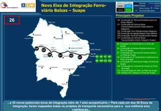 Modal do Projeto          Ferrovia           Hidrovia
                                         Novo Eixo de Integração Ferro-                                                                Rodo     Hidro           Rodovia
                                                                                                                                                                Porto L.Curso
                                                                                                                                                                                    L.Curso
                                                                                                                                                                                    Eclusa
                                         viário Balsas – Suape                                                                         Ferro    Porto           Terminal Hidroviário

                                                                                                                                      Principais Projetos
    26                                             São Luís
                                                                                                                                      120. Construção do Terminal Rodoferroviário em
                                                                                                                                           Eliseu Martins
                                                                                                                                      121. Construção da Ferrovia Nova
                                                                                                                                           Transnordestina (trecho Eliseu Martins-
                                                                                                                                           Salgueiro)
                                                                                                                                      122. Construção Term.Rodoferroviário Salgueiro
                                                                          Sobral          Fortaleza                                   125.Construção da ligação Balsas Eliseu Martins
                               Açailândia                                                                                             126.Construção Terminal Rodoferroviário Balsas
                  Imperatriz                                Teresina                                                                  127. Construção da Ferrovia Nova
                                                                                     Mossoró                                               Transnordestina (trecho Salgueiro-Suape)
                                                                                                             Natal                    95. Dragagem do Canal Externo no Porto de
                                       Balsas
                                                                                                                                          Suape
                                                      Eliseu                       Juazeiro do Norte                                  96. Construção do Acesso Rodoferroviário ao
                               126                    Martins                                                João Pessoa
                                            125                                    Salgueiro                                              Porto de Suape
                                                                                                                                      97. Construção do Terminal de Granéis Sólidos
                                                   120
                                             Campo Alegre                                                     Recife
                                                                  121 Petrolina122                                                        no Porto de Suape
                                             de Lourdes                                                      Suape 95 96 97 98
                                                                                               127                                    98. Construção do 2º Terminal de Contêineres no
                                                                                                                                          Porto de Suape
                                                                                                         Maceió      99 100 101 102   99. Construção do Terminal de Grãos no Porto de
                                                                                                                                          Suape
                                     Barreiras
                                                                                               Aracaju                                100. Construção do Terminal de Açúcar no Porto
                                                      Ibotirama
                                                                       Feira de Santana                                                    de Suape
                                                                                                                                      101. Requalificação do CMU no Porto de Suape
                                                                                                                                      102. Reforço dos Cabeços no Porto de Suape
                                                                                     Salvador



                                                                     Itabuna




   ...e 35 novos potenciais eixos de integração além de 1 eixo aeroportuário— Para cada um dos 58 Eixos de
         Integração, foram mapeados todos os projetos de transporte necessários para a sua melhoria e/ou
                                                                        viabilização...
Fonte: PAC, PAC2, PNLT, PELT 2020-PR, SEIL-PR, DNIT, BNDES, IIRSA, Forum Industrial Sul, CNT, ALL, entrevistas, análise Macrologistica
                                                                                                                                                                                     38
 