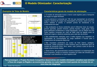 O Modelo Otimizador: Caracterização


Exemplos de Telas do Modelo                                           Características gerais do modelo de otimização
                                                                      ► O modelo de otimização busca o menor custo logístico para o transporte
                                                                      de cargas na região Nordeste
                                                                      ► A sua estrutura é composta por 196 nós que representam as principais
                                                                      origens e destinos de cargas nas mesoregiões em estudo, assim como em
                                                                      outros estados e países, e também pontos de transbordo e de
                                                                      cruzamentos de rotas
                                                                      ►  São analisados os fluxos existentes para 6 diferentes tipos de cargas,
                                                                      graneis agrícolas, graneis minerais, graneis líquidos, carga geral, carga
                                                                      geral paletizada (contêineres) e carga frigorificada, que se utilizam de uma
                                                                      malha logística composta por mais de 3856 rotas de ligação entre as
                                                                      diferentes origens e destinos existentes para cada tipo de produto
                                  Parâmetros da modelagem:            ►  São estabelecidas restrições para a malha logística que respeitam as
                                  - Número de nós: 196
                                  - Tipos de cargas: 6                capacidades de movimentação de carga existente e futuras para a
                                  - Rotas analisadas: 3.856
                                  - Nr. de projetos analisados: 196   infraestrutura de transporte disponível
                                  - Variáveis de análise: 9.228
                                  - Número de restrições: 6.577       ►  São imputados parâmetros de custos de frete interno, pedágios,
                                                                      transbordo, tarifas portuárias e frete marítimo para os diferentes tipos de
                                                                      modais de transporte (hidro, ferro, aéreo, rodo, portos) e para os tipos de
                                                                      cargas anteriormente citados
                                                                      ► Desta forma, são parametrizados cenários baseados na implantação dos
                                                                      eixos propostos, aonde os impactos causados por estes são ativados para
                                                                      mensurar o seu benefício no custo logístico total


  Para prosseguir, o Projeto Nordeste Competitivo desenvolveu um modelo otimizador complexo que simulou
     o fluxo de cargas na Região e as economias geradas no custo logístico total quando da inclusão de um
                                           novo eixo de integração
Fonte:   Análise Macrologística                                                                                                                      47
 