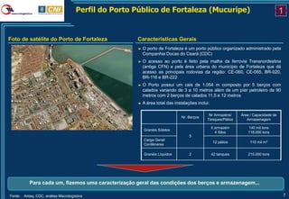 Perfil do Porto Público de Fortaleza (Mucuripe)                                                1


Foto de satélite do Porto de Fortaleza                 Características Gerais
                                                       ►   O porto de Fortaleza é um porto público organizado administrado pela
                                                           Companhia Docas do Ceará (CDC)
                                                       ►   O acesso ao porto é feito pela malha da ferrovia Transnordestina
                                                           (antiga CFN) e pela área urbana do município de Fortaleza que dá
                                                           acesso as principais rodovias da região: CE-060, CE-065, BR-020,
                                                           BR-116 e BR-222
                                                       ►   O Porto possui um cais de 1.054 m composto por 5 berços com
                                                           calados variando de 3 a 10 metros além de um píer petroleiro de 90
                                                           metros com 2 berços de calados 11,5 e 12 metros
                                                       ►   A área total das instalações inclui:

                                                                                              Nr Armazéns/     Área / Capacidade de
                                                                               Nr. Berços
                                                                                             Tanques/Pátios       Armazenagem

                                                                                                  5 armazém        140 mil tons
                                                           Granéis Sólidos
                                                                                                    4 Silos        118.000 tons
                                                                                    5
                                                           Carga Geral/
                                                                                                  12 pátios         110 mil m2
                                                           Contêineres

                                                           Granéis Líquidos         2             42 tanques       215.000 tons




            Para cada um, fizemos uma caracterização geral das condições dos berços e armazenagem...

Fonte:   Antaq, CDC, análise Macrologística                                                                                           7
 