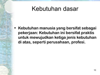 Kebutuhan dasar


• Kebutuhan manusia yang bersifat sebagai
  pekerjaan: Kebutuhan ini bersifat praktis
  untuk mewujudkan ketiga jenis kebutuhan
  di atas, seperti perusahaan, profesi.




                                         10
 